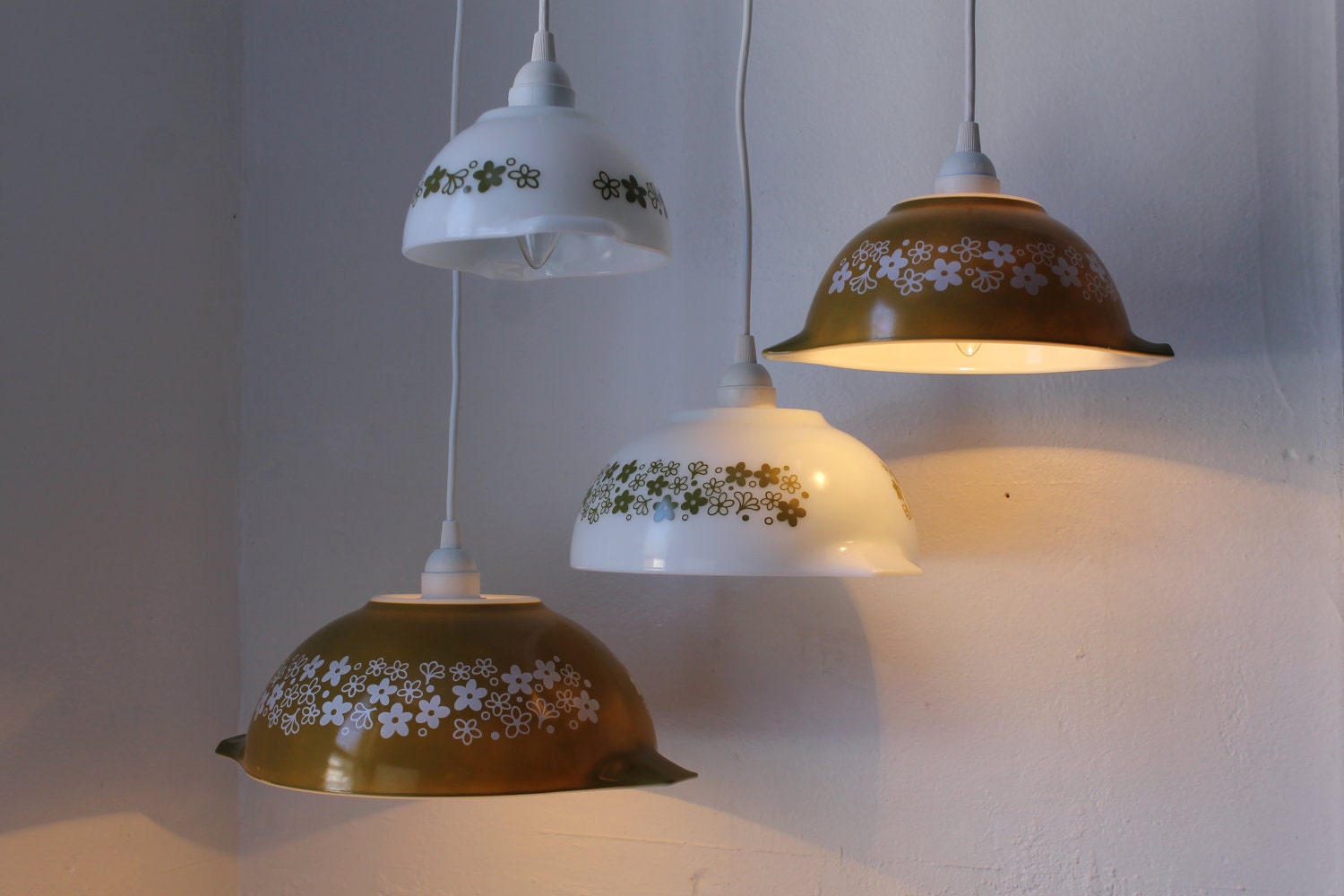 Spring Blossoms - Olive Green and White Milk Glass Mixing Bowl Hanging PYREX Pendants Lights - OOAK UpCycled BootsNGus Lighting Fixtures