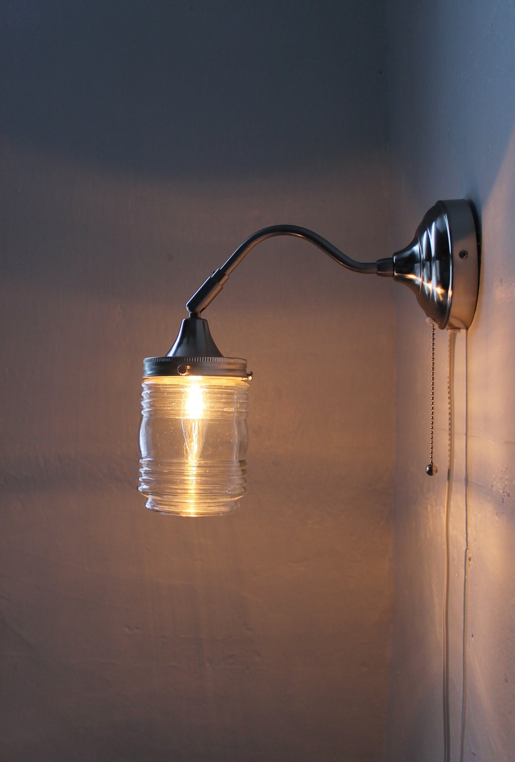 City Lights -Industrial Stainless Steel Gooseneck Wall Sconce - Clear Glass Lamp Shade - UpCycled BootsNGus Lighting Fixture