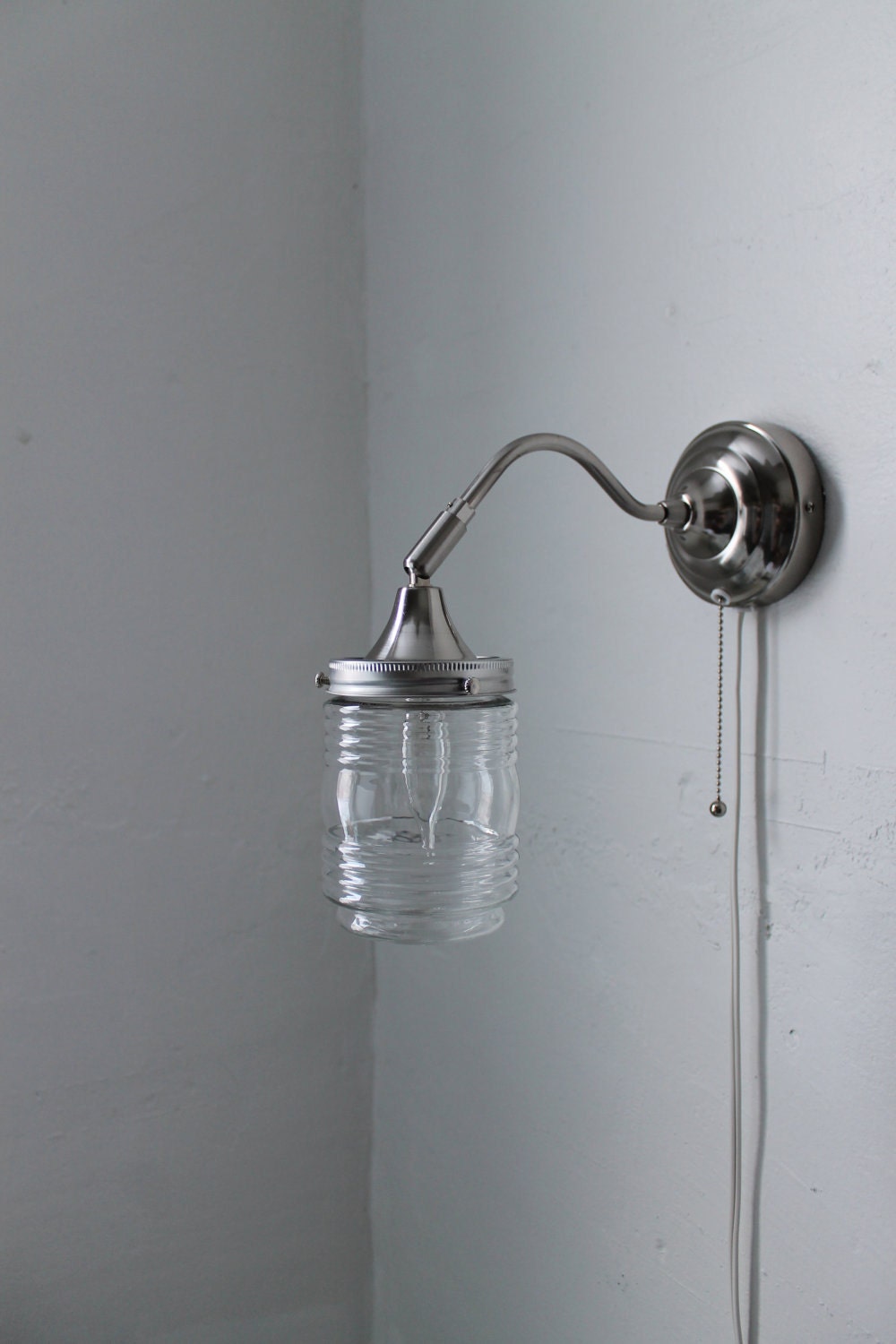 City Lights -Industrial Stainless Steel Gooseneck Wall Sconce - Clear Glass Lamp Shade - UpCycled BootsNGus Lighting Fixture