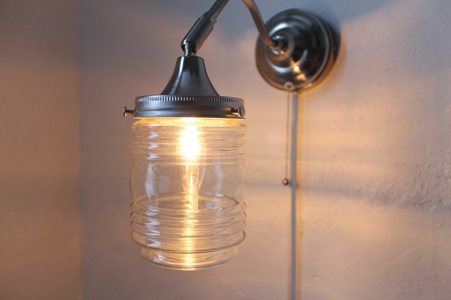 City Lights -Industrial Stainless Steel Gooseneck Wall Sconce - Clear Glass Lamp Shade - UpCycled BootsNGus Lighting Fixture