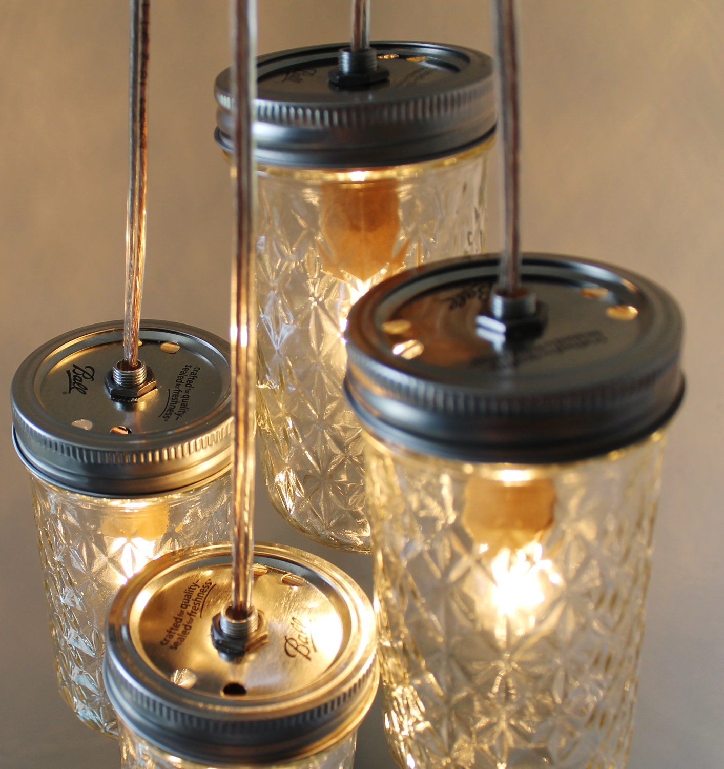 Firefly Dance Mason Jar Chandelier - 4 Quilted Pint Jars - Handcrafted Mason Jar Lighting Fixture - Upcycled BootsNGus Lamp Direct Hardwire