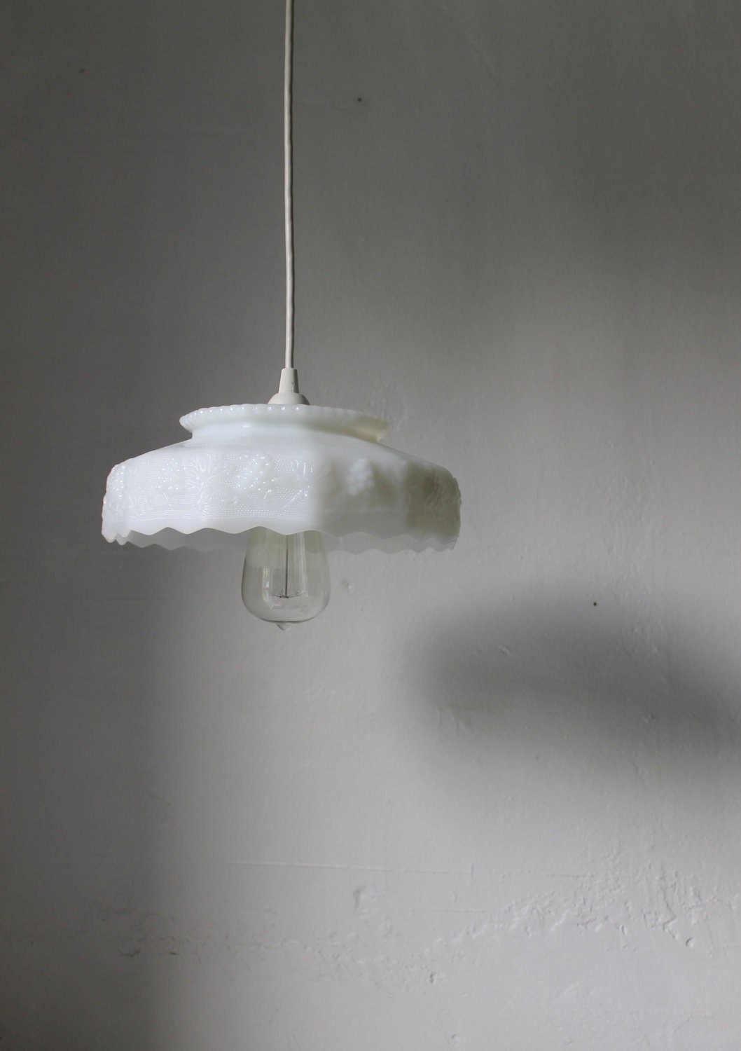 Cloud - Upcycled Vintage Anchor Hocking Fire King White Milk Glass Fruit Bowl Hanging Pendant Light - OOAK BootsNGus Lamp Lighting Fixture
