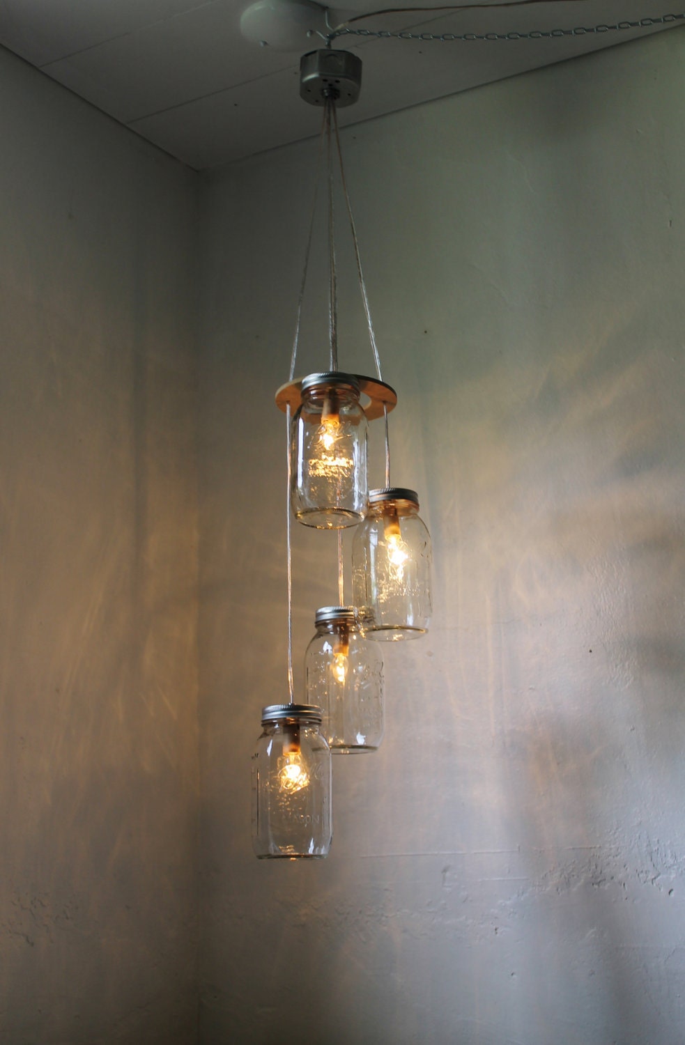 Fireflies - Spiral Cascading Mason Jar Chandelier Swag Style Hanging Pendant Lighting Fixture - Rustic Wedding BootsNGus Lamp Design