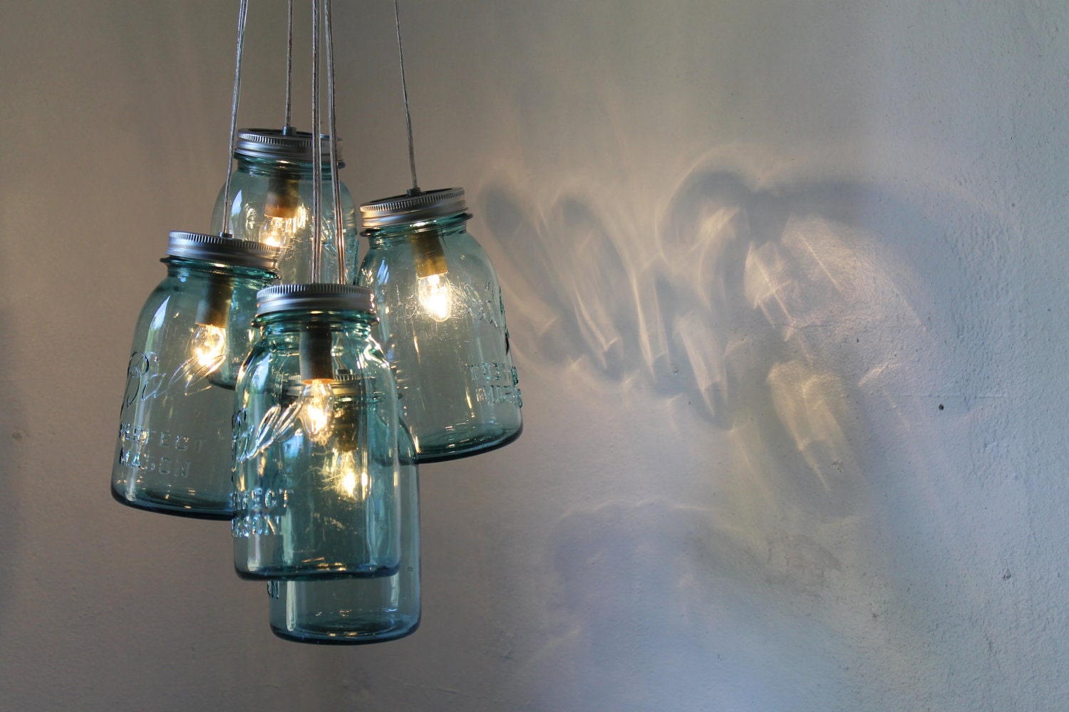 Summer Cottage BLUE Mason Jar Chandelier - 5 antique aqua BALL mason jars upcycled into a hanging pendant lighting fixture - BootsNGus Lamps