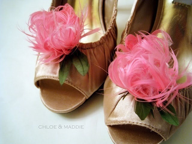 MARILYN  pink feather flower shoe clips for weddings, special occasions