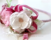 Pink, cream, dusty rose handmade fabric flowers headband with velvet ribbon and chantilly lace .EMMY