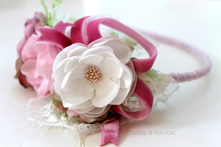 Pink, cream, dusty rose handmade fabric flowers headband with velvet ribbon and chantilly lace .EMMY