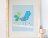 Kids Wall Art. 8x10 Fancy Bird - Blue