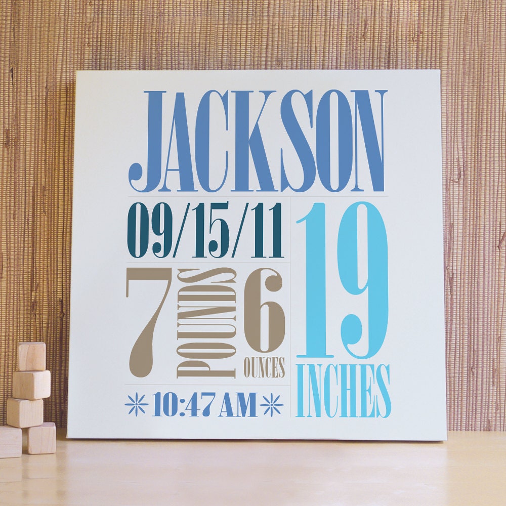 Personalized Baby Art, Kids Wall Art, Wall Decor for Baby Nursery. 20x20 Custom Birth Canvas - Pool Blue/Brown