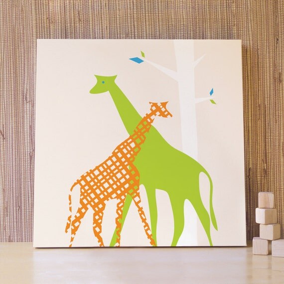 20x20 Giraffe Canvas - Green/Orange - Kids wall art for nursery and children's room