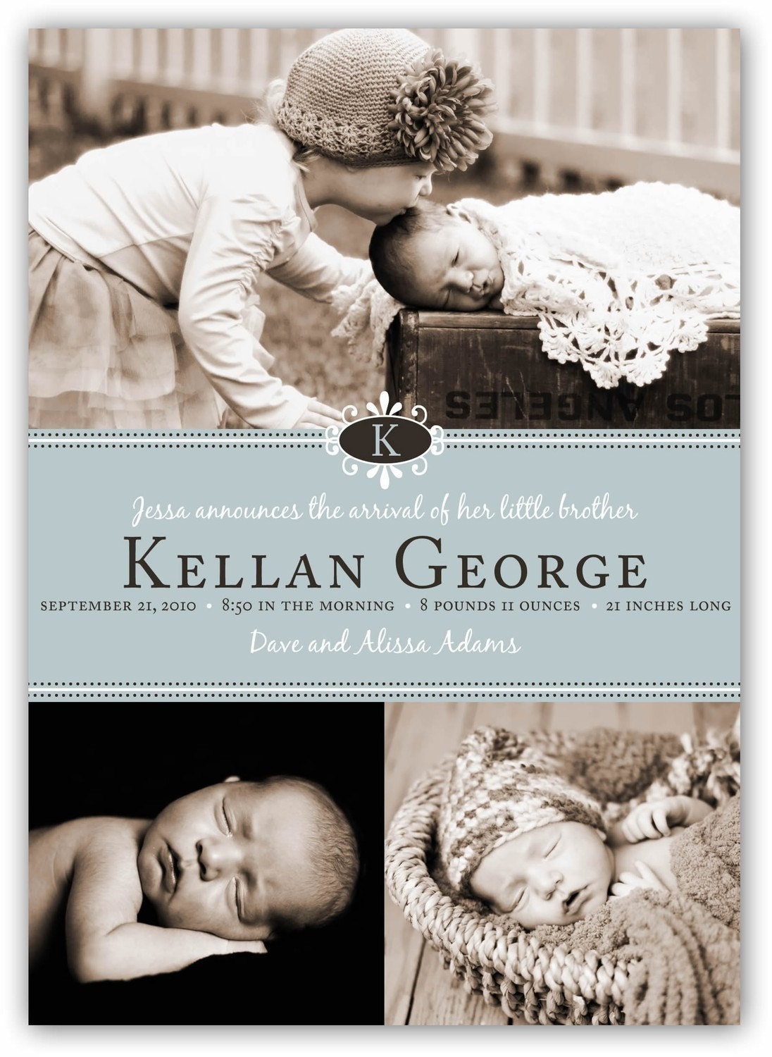 Baby Boy or Girl Customizable Emblem Initial Birth (4x6 or 5x7) Announcement Photo Card Design