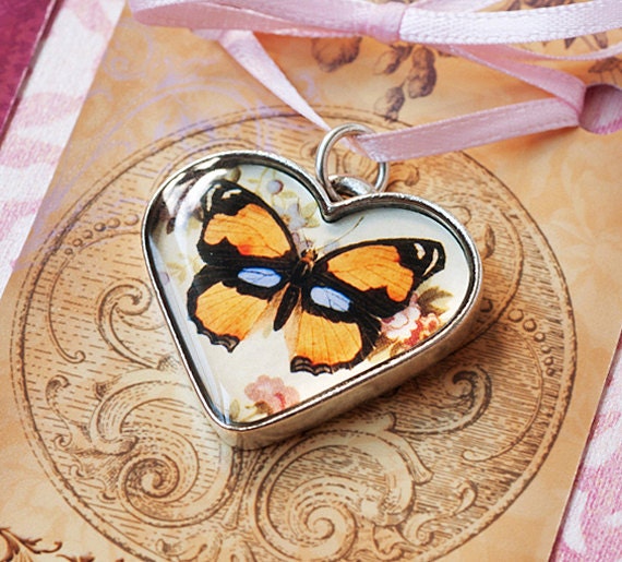 Butterfly Heart Pendant - Valentine's Day Heart Charm - Wearable Art - Butterfly Art Jewelry