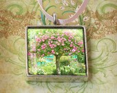 Rose Photo Gift Pendant - Monets Garden, Giverny - Wearable Art - Square Antiqued Silver Charm -  Photo Jewelry