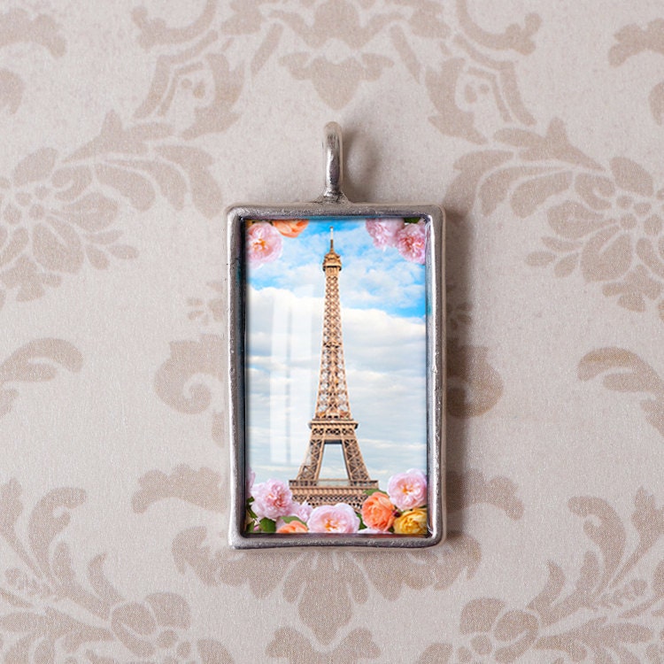 Paris Photo Gift Pendant - Eiffel Tower and Roses in Antiqued Silver - Resin Jewelry Charm
