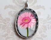 Daisy Photo Pendant - Wearable Art  - Antique Silver Charm - Pink Floral Jewelry