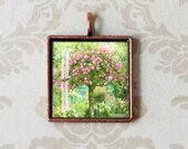 French Garden Photo Pendant  - Monets Garden, Giverny - Wearable Art - Square Antiqued Copper Charm -  Photo Jewelry