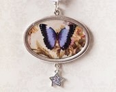 Purple Butterfly Oval Pendant - Antiqued Silver with Vintage Art and Flowers - Resin Jewelry Charm