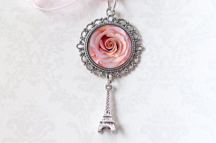 Round Rose Photo Gift Pendant - Antiqued Silver Eiffel Tower Charm  - Wearable Art - Paris Jewelry Pendant