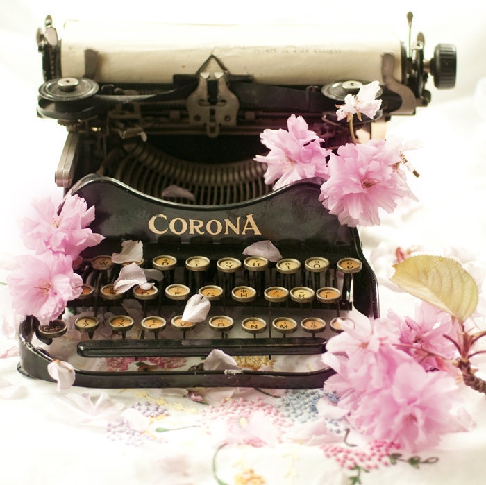 Vintage Typewriter Photograph, Cherry Blossoms, Nostalgic Fine Art Photo, Home Decor, Wall Art