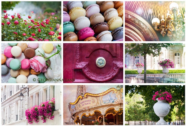 Paris Photo Postcards - Carousel - Eiffel Tower - Parisian Roses, Macarons, Gold Chandelier, Flower Market