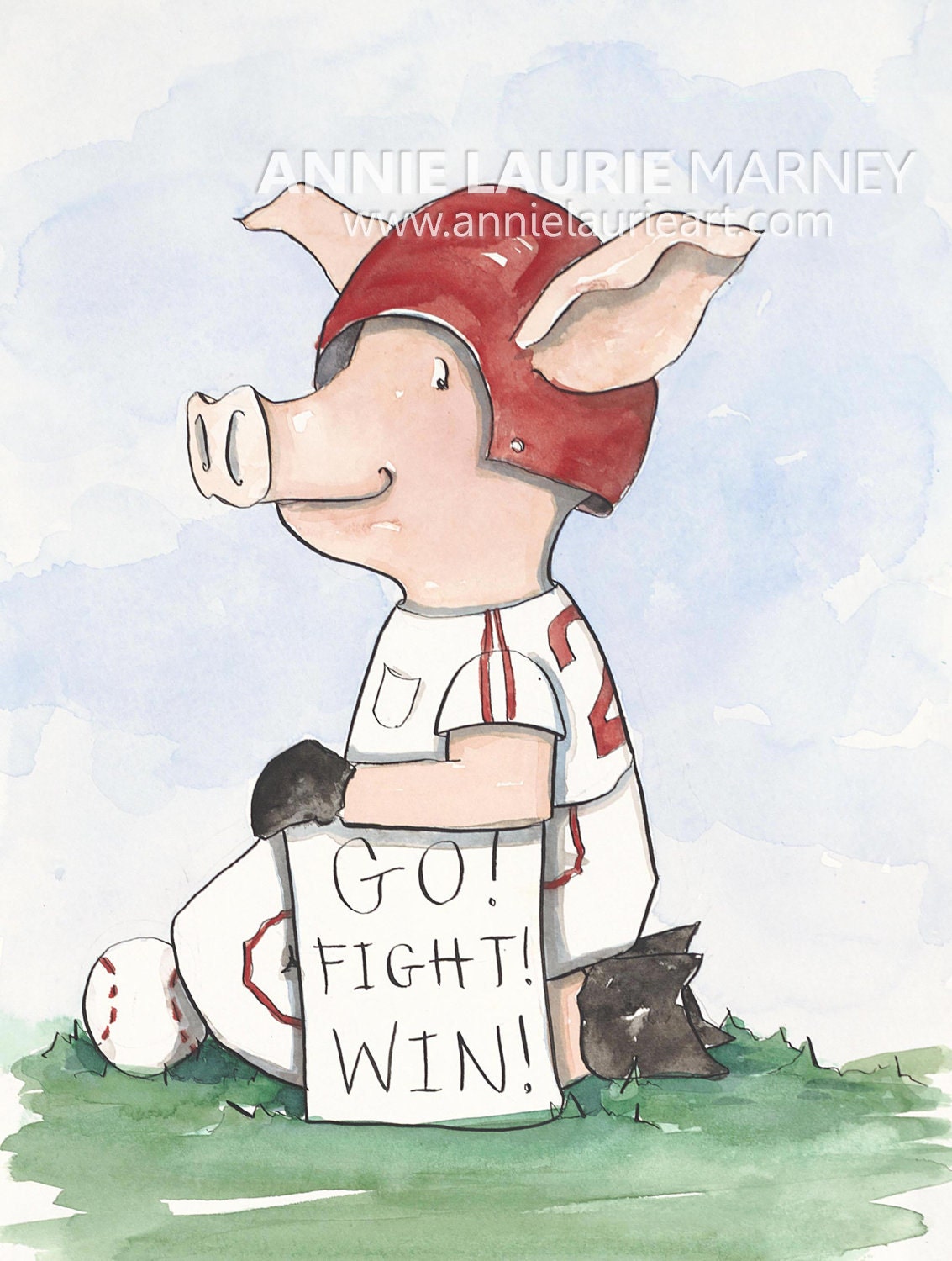 Arkansas Razorback Baseball "Piggie" - 9x12" Watercolor Fine Art Print