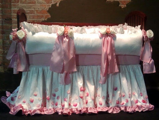 YOU DESIGN Custom 2 piece Crib Bedding Set - Bumper and Skirt - Navy, Pink, and White on Light Aqua Caitlin Wilson fabric