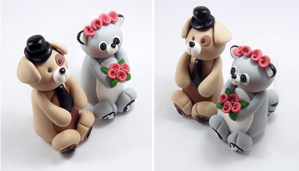 Custom Wedding Cake Topper, Brown Dog and Grey Racoon Couple, Personalized Figurines, Made To Order