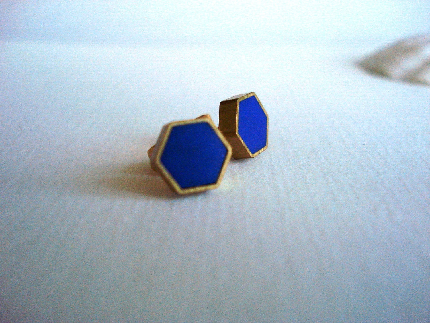 royal blue mini brass hexagon stud earrings img