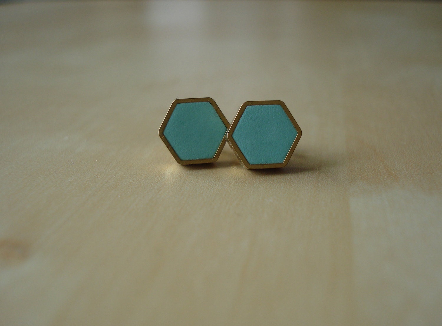 robin's egg mini brass hexagon stud earrings img