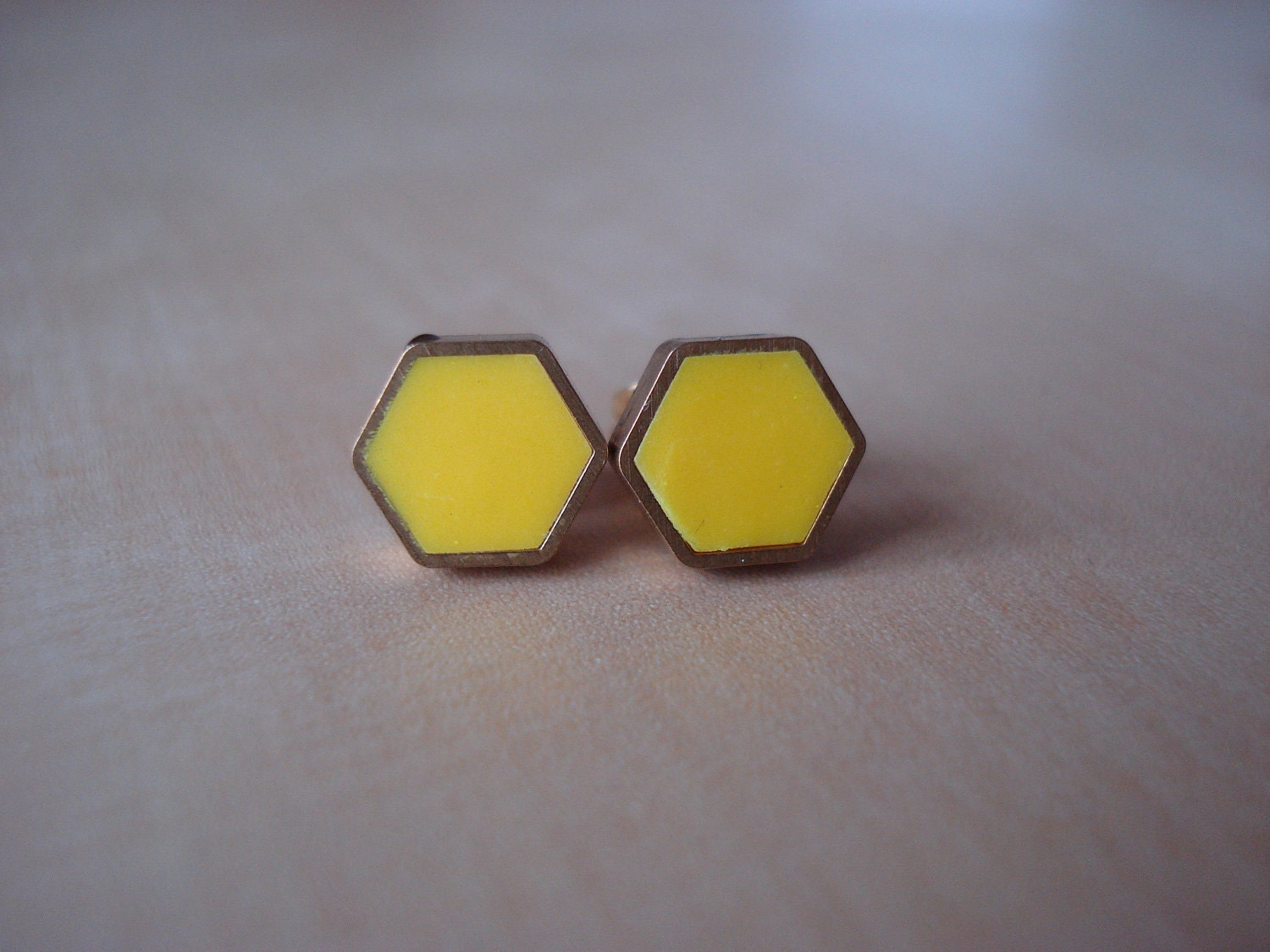 canary yellow mini brass hexagon stud earrings img