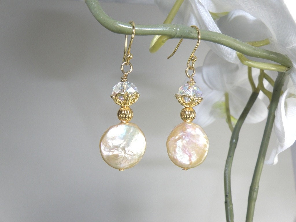 Jessica - Peach Coin Freshwater Pearl with Crystal Swarvski 14K gp Dangle Earrings