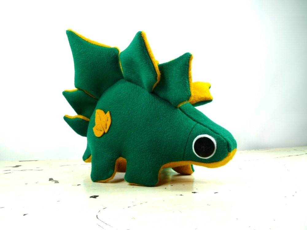 Plush Stegosaurus in Jade Green with Golden Yellow Accents Handmade with Upcycled, Recycled, & Eco Friendly Materials