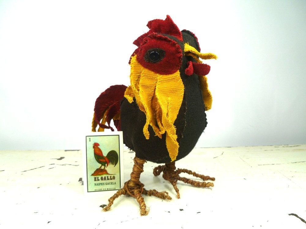 Eco Plush Hand Stitched Rooster - El Gallo Soft Sculpture - Featured in Stuffed Magazine