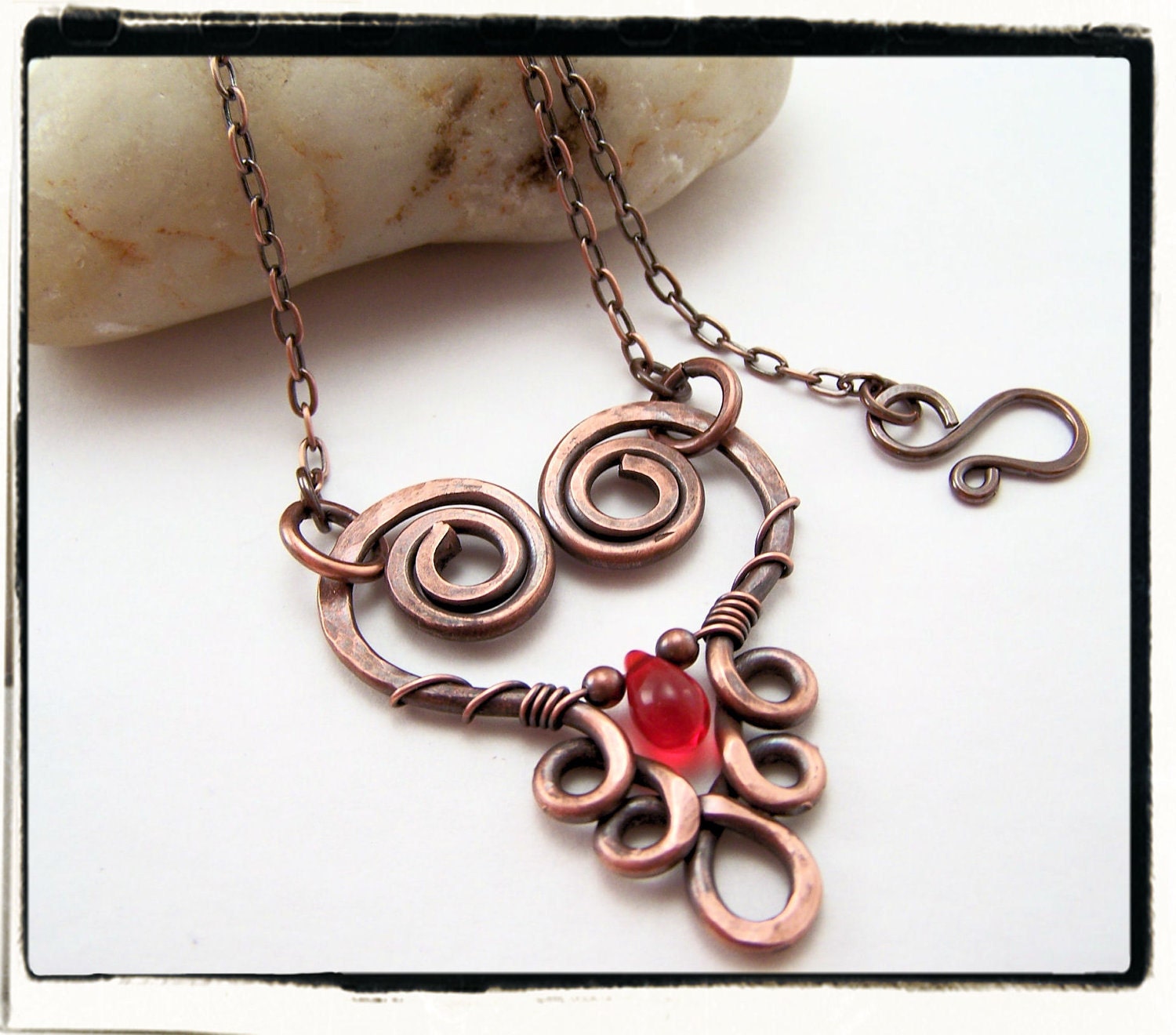 042 Copper Floating Filigree Heart  Pendant with Red Czech Teardrop no Chain