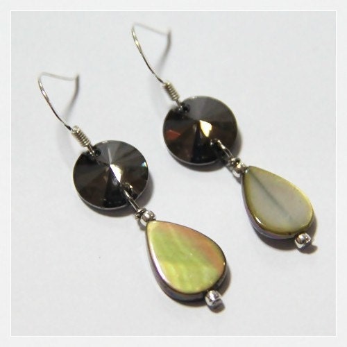 CLEARANCE - Simplicity - Black Swarovski Crystal Button and Olive Mother of Pearl Teardrop on 925 Silver Ear Wires