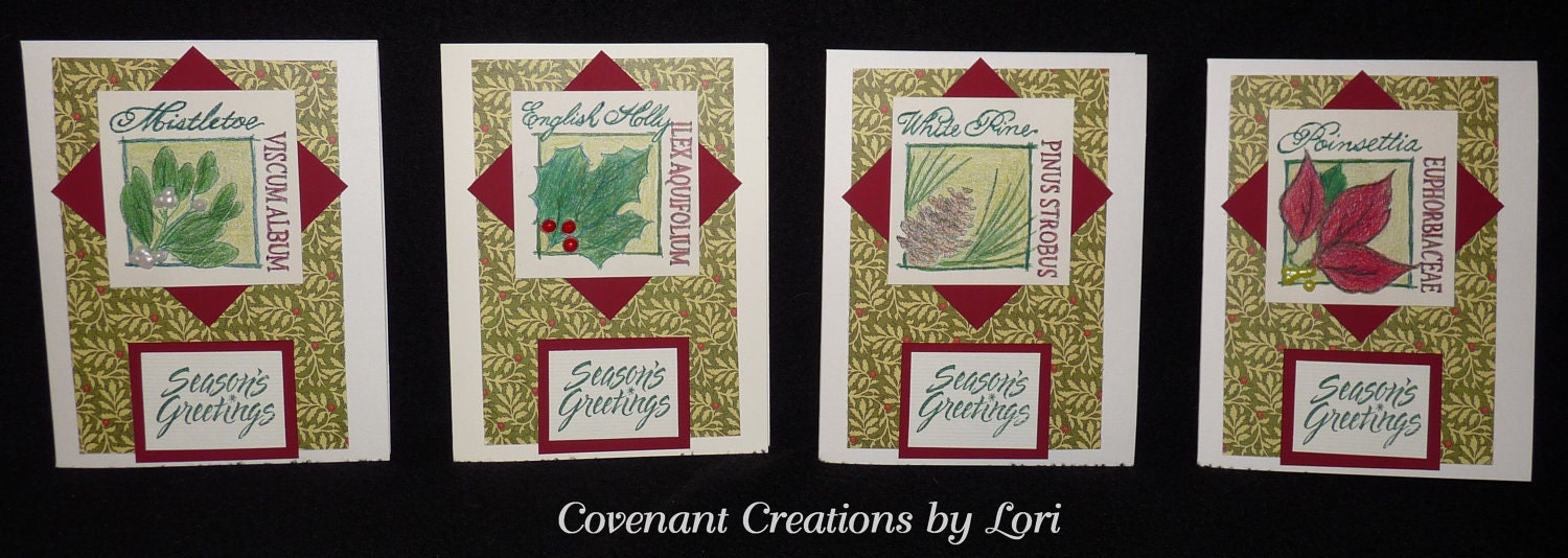 Vintage-style Botanicals - Beautiful Set of 4 Handmade Christmas Cards - FREE Shipping
