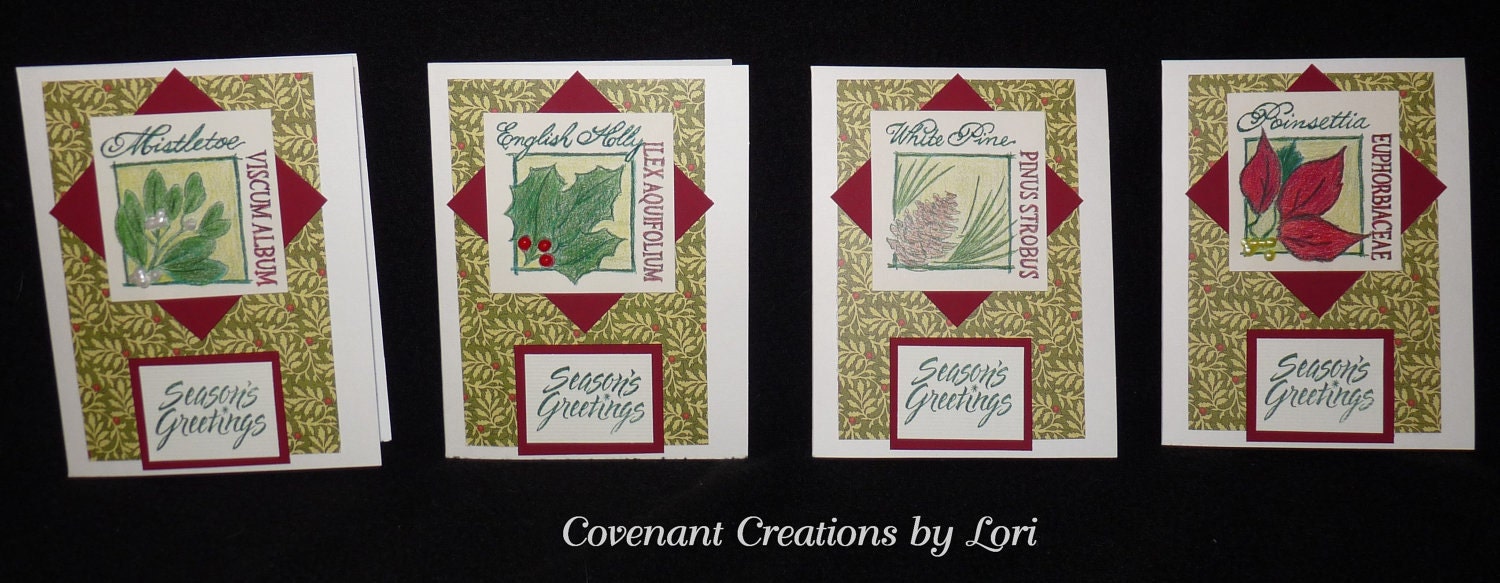 Vintage-Style Botanicals - Lovely Set of 4 Handmade Christmas Cards - FREE Shipping