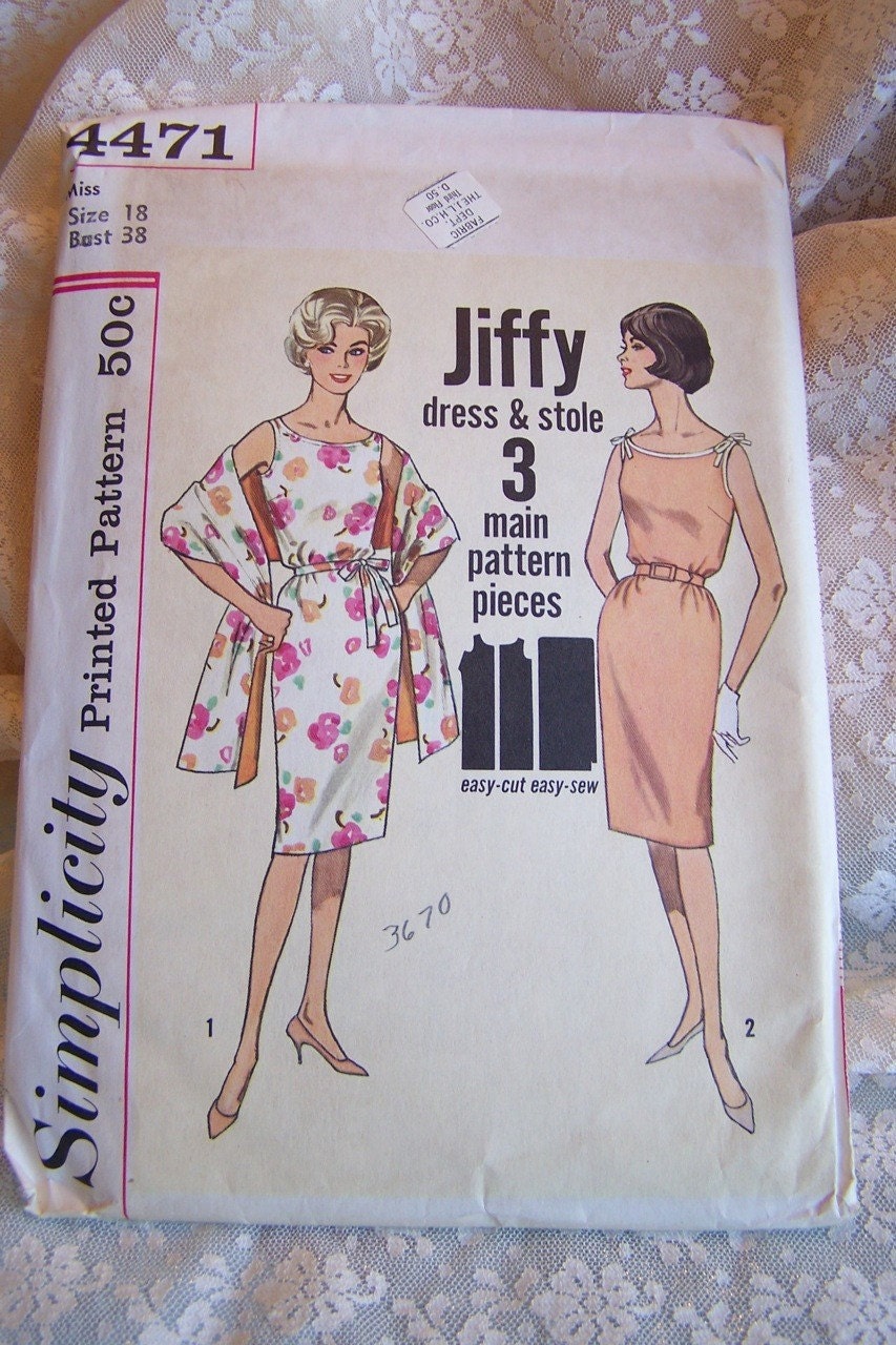 Uncut Vtg 60's Pattern Simplicity  Day to Evening Dress W Stole Wrap Pattern size                  18 Bust 38