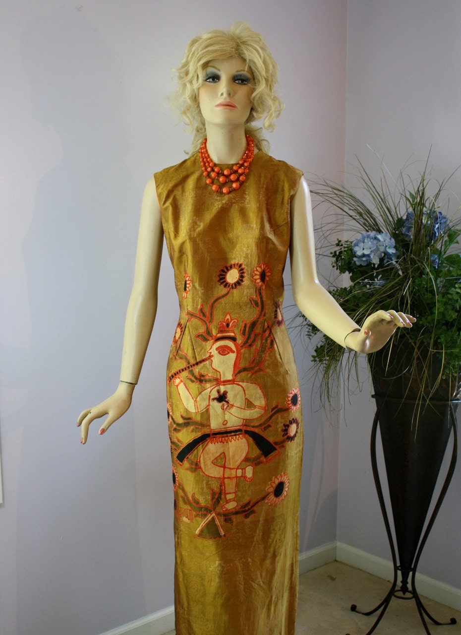 Vintage 60s Dress Mayehoff by Vanny  Maxi length Dark Gold Silk w Colorful Red Print