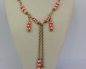 Vintage 60s Lariat Necklace Earrings Sarah Cov Mod Pink Orange Beads Gold Metal Chain Clip Earrings