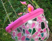 ALENA - Original Mixed Media Mosaic Hanging Basket Pot Planter Outdoor Indoor Garden Pink Flamingo
