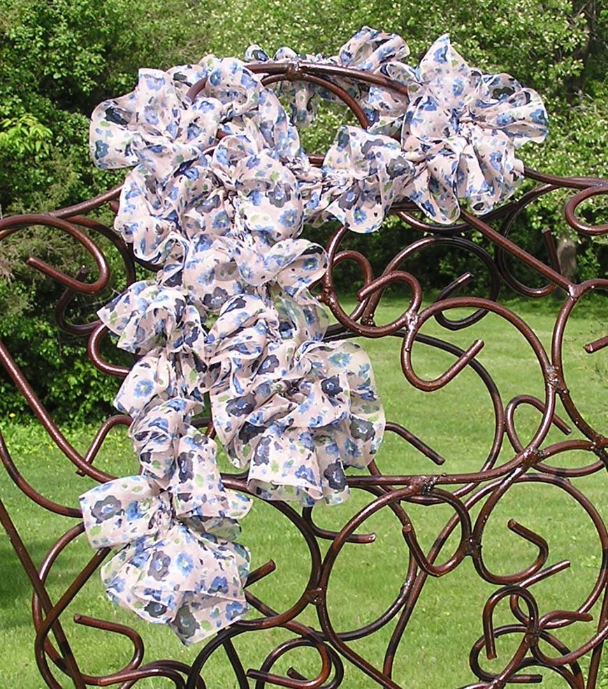 Crocheted Fabric Ruffled Scarf - Tan & Blue Floral Print