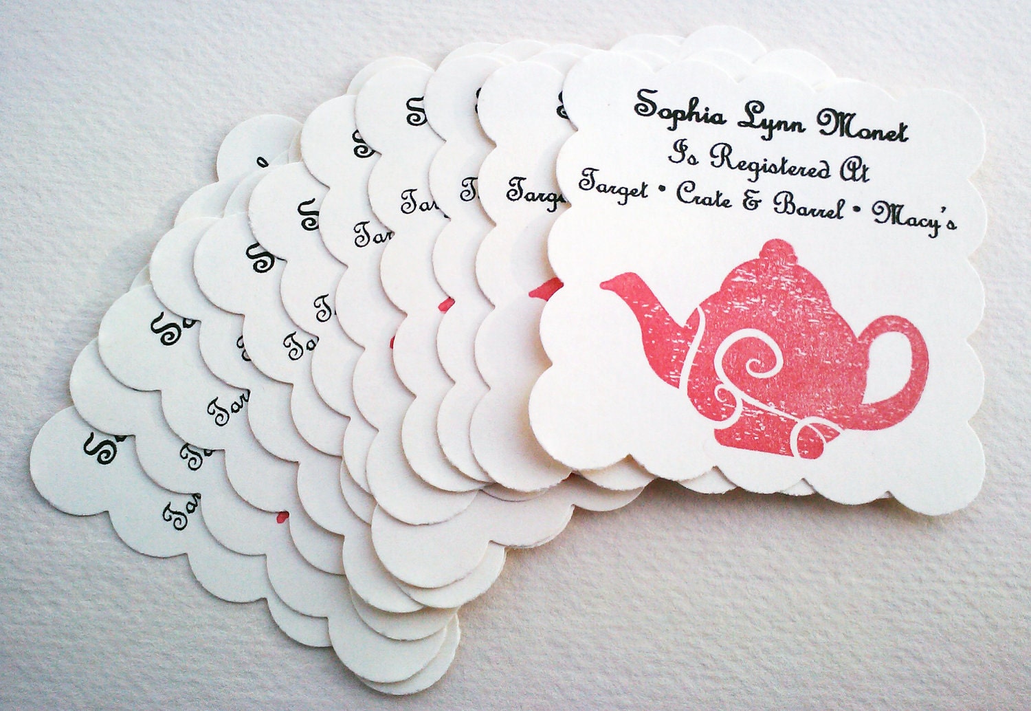 Baby Shower or Bridal Shower Registry Cards - 12 Cards  Teapot Gift Tags (Cream Red Pink Cranberry Sage Orange)
