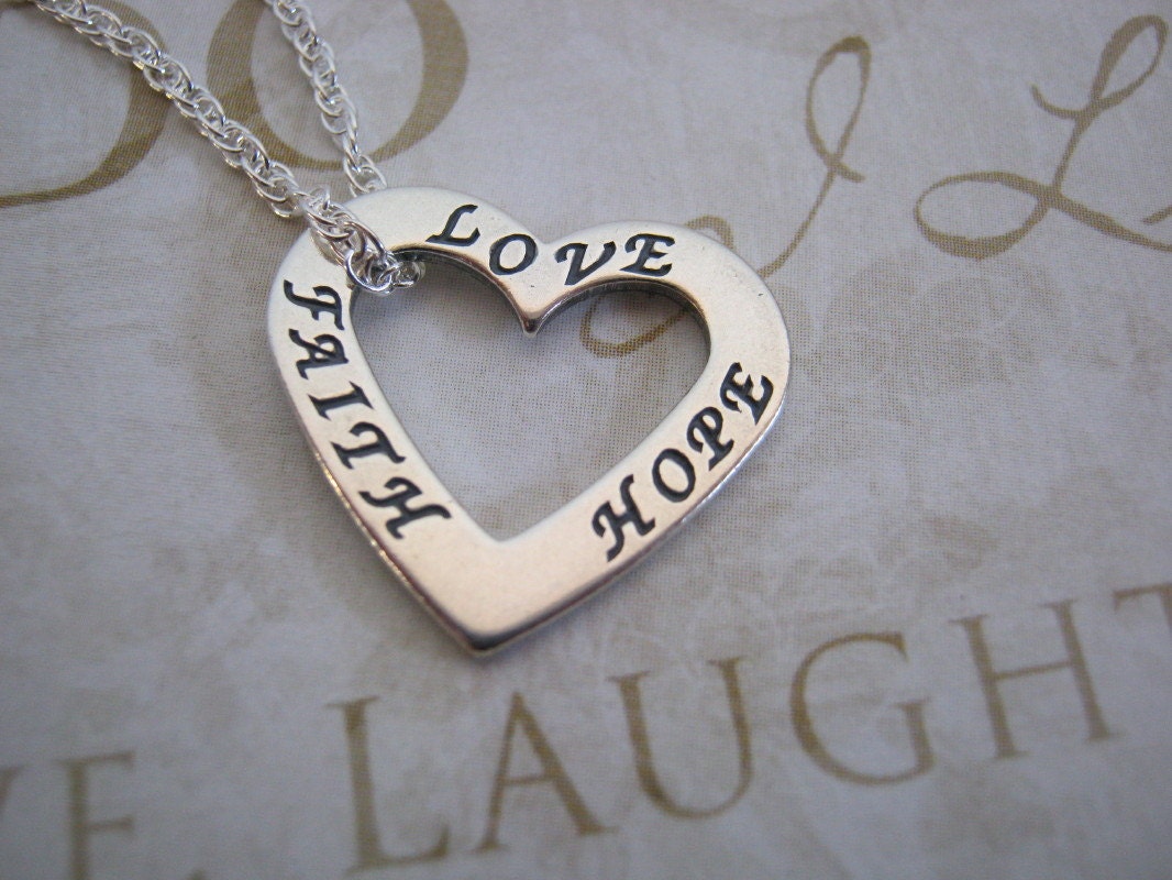 Faith, Hope, Love, Heart Sterling Silver Necklace -  Free Shipping USA