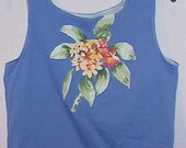 Upcycled Lined Blue T-Shirt Tote Bag with Jewel Center Flowers