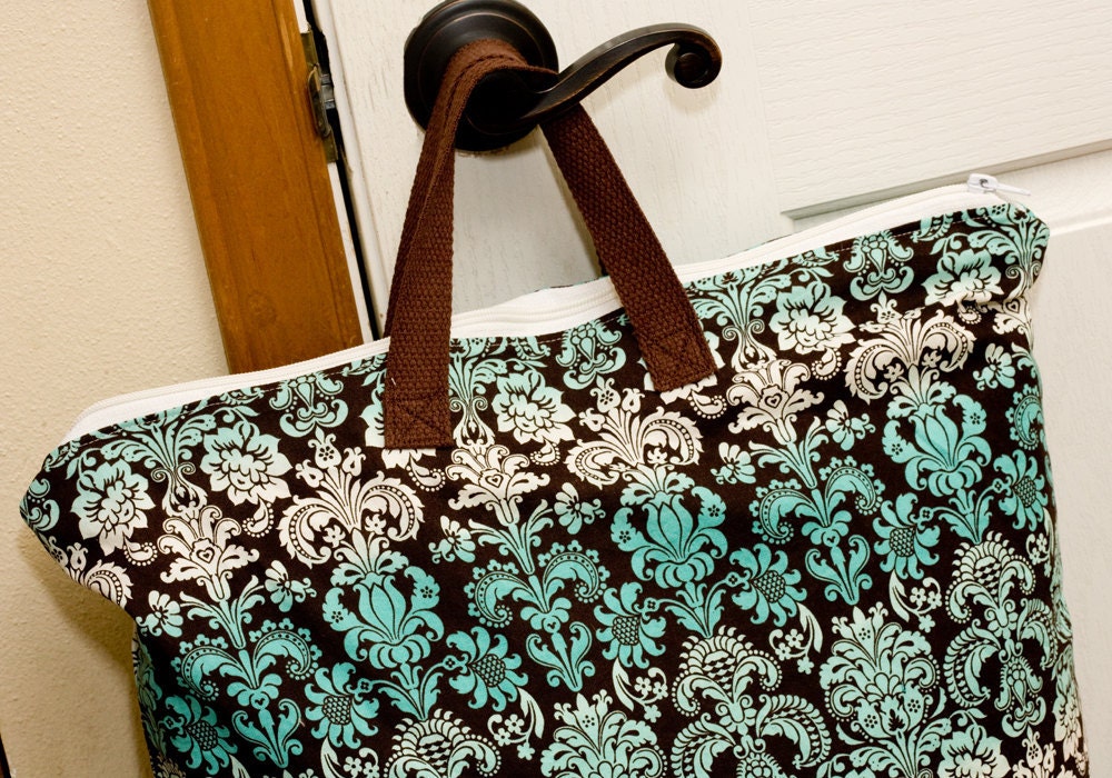 X-Large Sweet Bobbins Hanging Wet Bag - Turquoise Damask - 16x27- SEAM SEALED - Boutique Quality