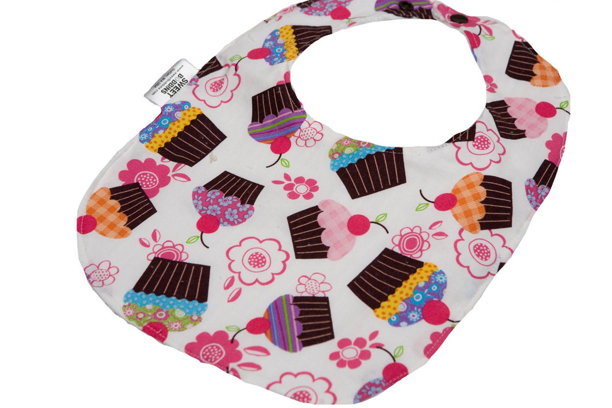 Chery Cupcakes - Infant or Toddler Bib - ADJUSTABLE snaps - REVERSIBLE
