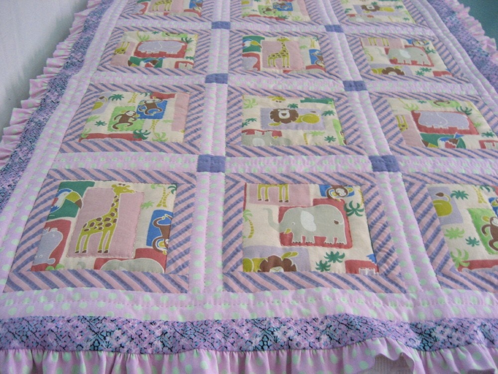 Zoo Animals in a sweet quilt for baby girl or toddler with lots of hand quilting.