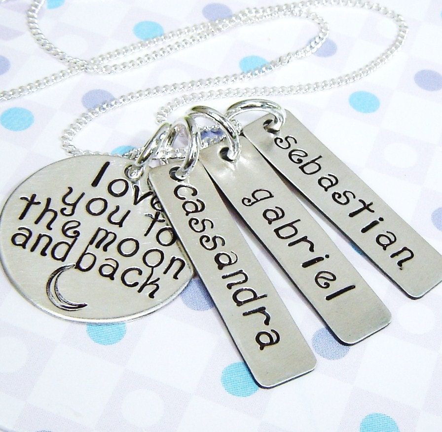Mother handstamped necklace...Love you to the moon and back...3 silver tag bars