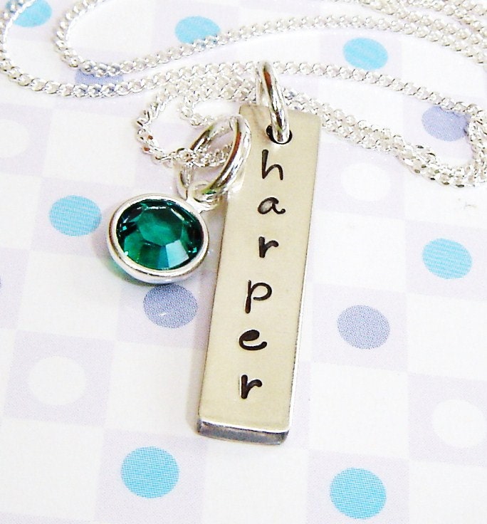 Personalized handstamped  necklace - Mother jewelry - birthstone jewelry -solid bar name stamped with birthstone necklace